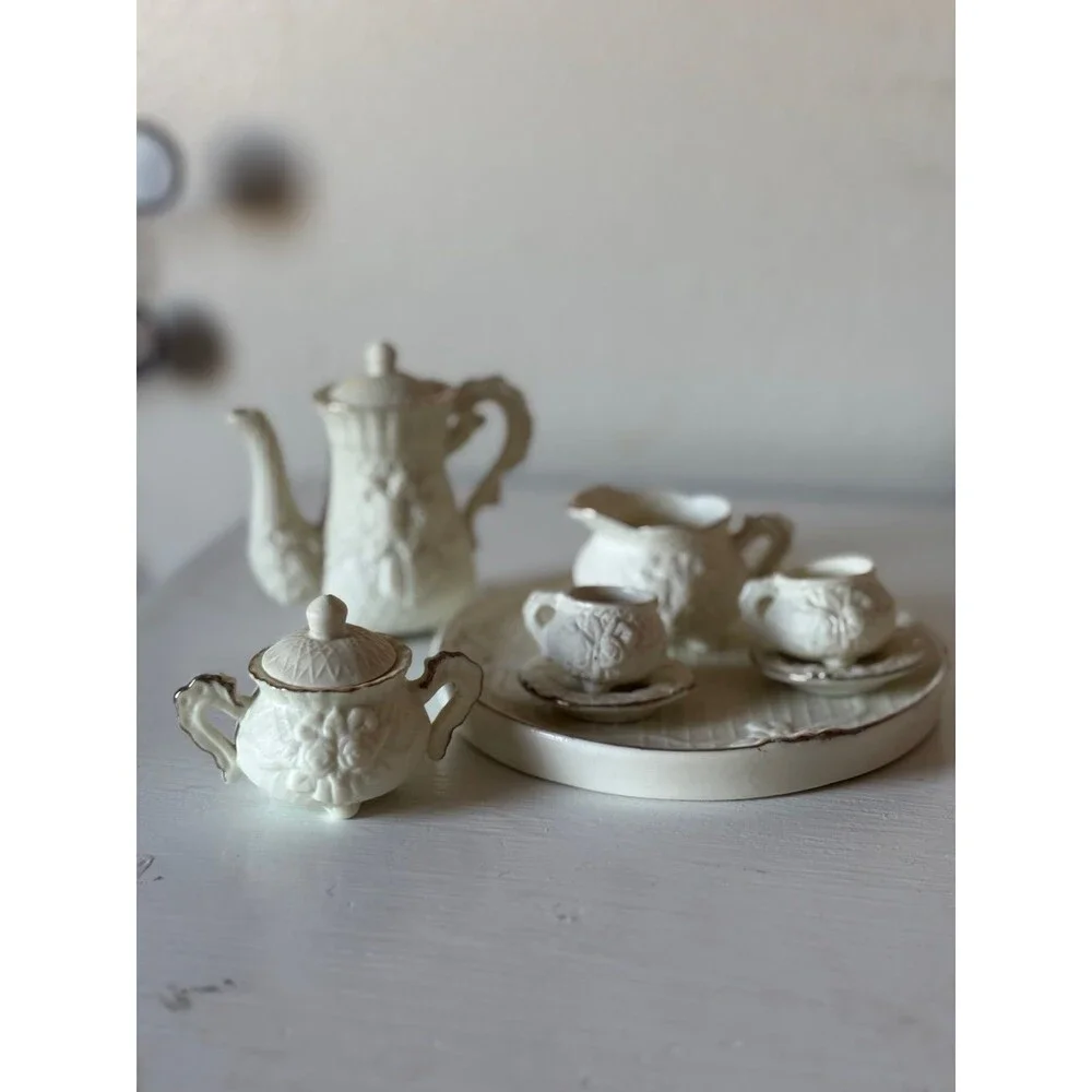 Mini porcelain TEA SET - 6 pieces, vintage decor trinket white lace gold leaf